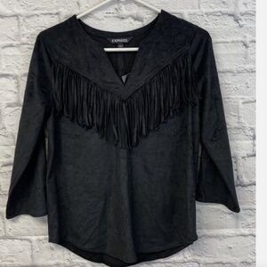 Express Black Faux Suede V-neck Fringe Top